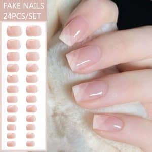 24pcs French Fake Nails Short Art Nail Tips Press Stick on False with Designs Full Cover Artificial Pink Wearable Clear Tips