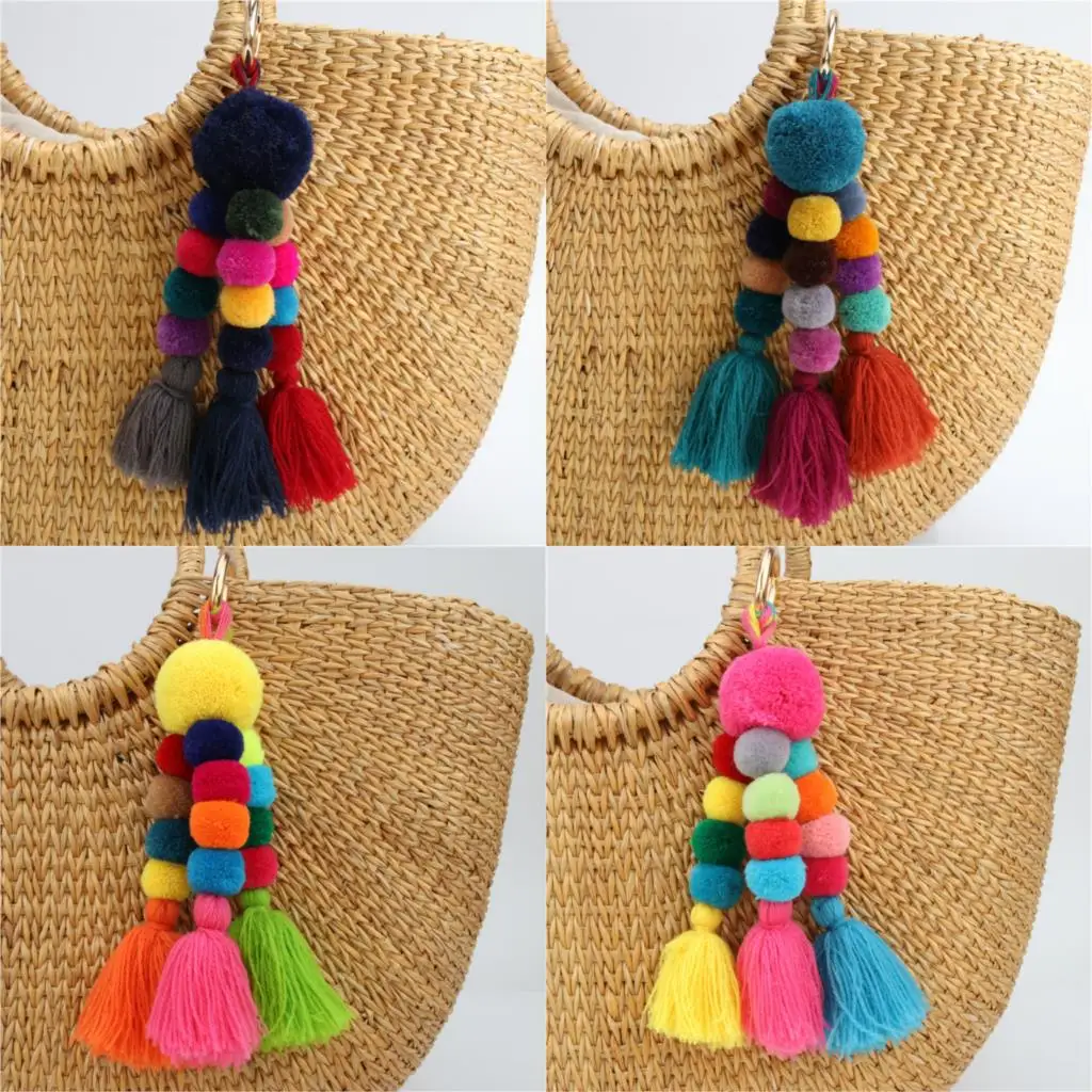 1pc Bohemian Accessories Handmade Keychain Beads Chain Pompom Hand Bag Hanging Key Chains For New Year Gift