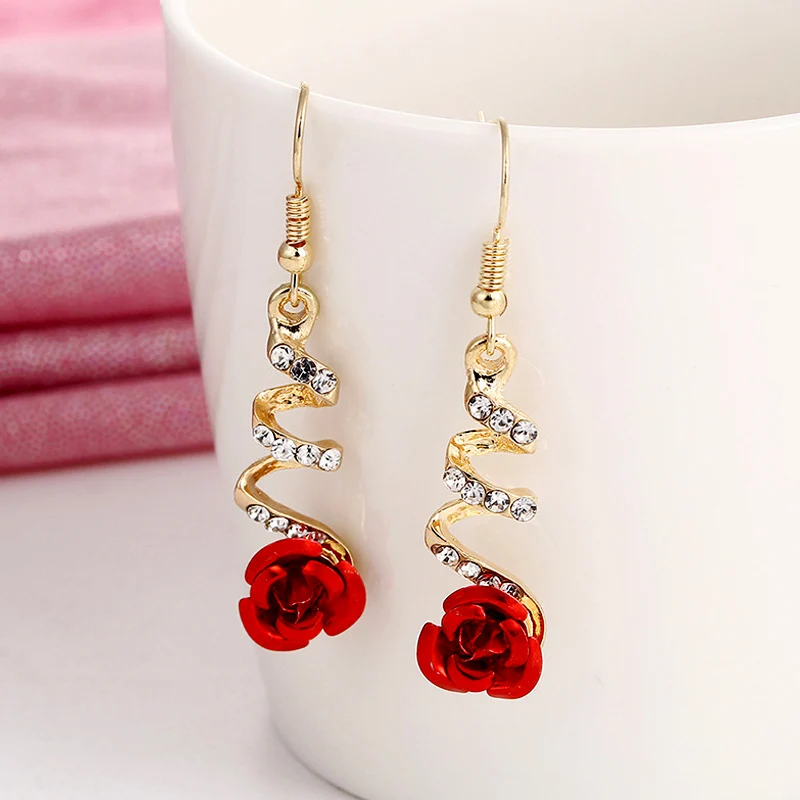 2019 Fashion Jewelry Ethnic Red Rose Drop Earrings Big Rhinestone Earrings Vintage For Women Rose Gold Spiral Dangle Earring