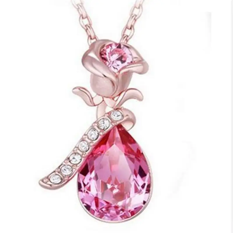 2020 Brand New Angel Crystal Hot Trend Rose Flower Pendant Necklace Charm Silver Color Beauty Rose Jewelry Necklace For Women