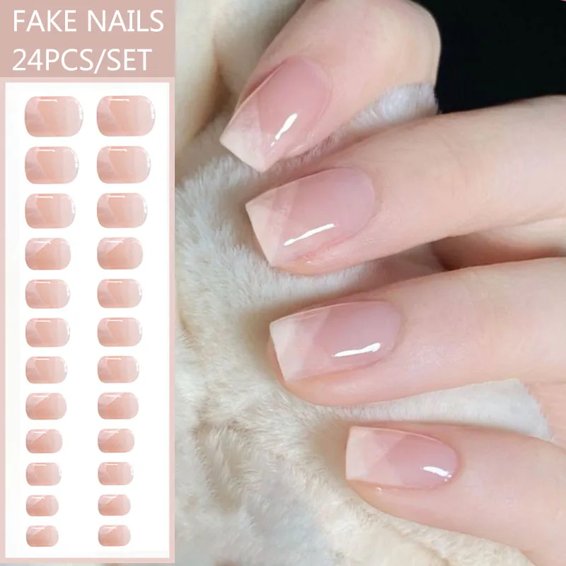 24pcs French Fake Nails Short Art Nail Tips Press Stick on False with Designs Full Cover Artificial Pink Wearable Clear Tips