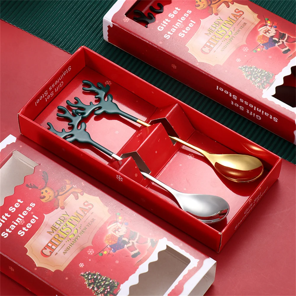 2pcs/Set Stainless Steel Stirring Spoon Deer Head Shape Christmas Elk Coffee Dessert Spoon Bartender Tool New Home Decoration