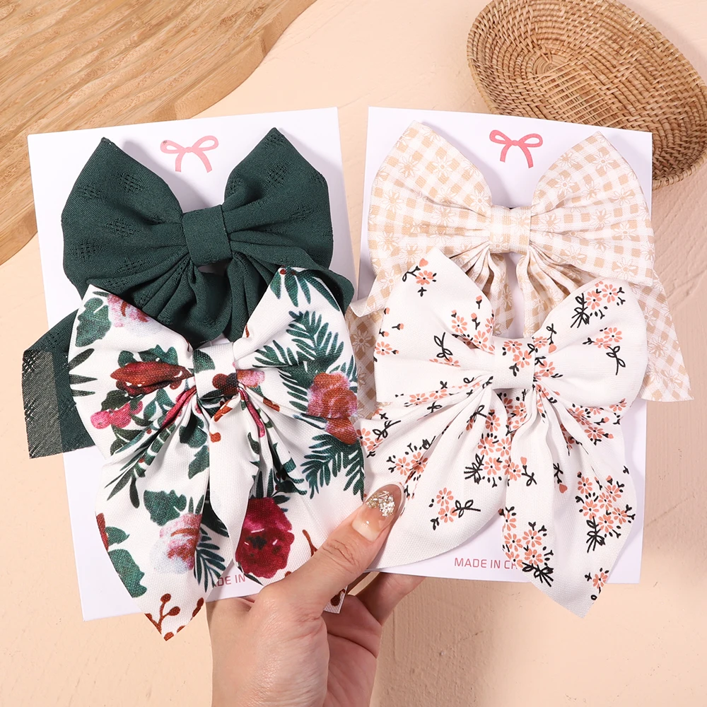 2Pcs/set Women Girls Sweet Solid Bowknot Hair Clips Print Bows Hairpins Ribbon Barrettes Duckbill Clip Headwear Hair Accessories