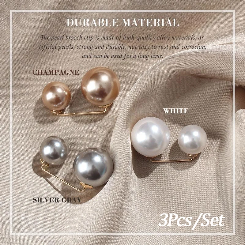 3Pcs/Set Double Pearl Pins for Women Designer Female Brooches Clothes Accessories Simulated Pearl Knit Shirt Jewelry