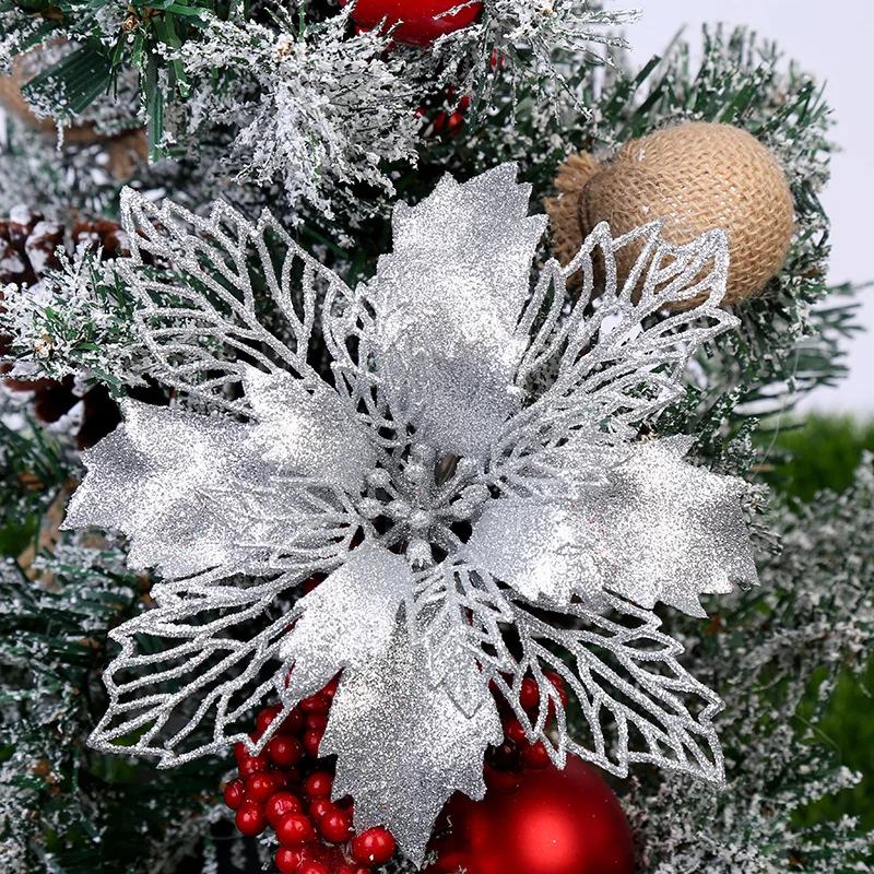 5pcs 9-16cm Glitter Artifical Christmas Flowers Christmas Tree Decorations for Home Fake Flowers Xmas Ornaments New Year Decor