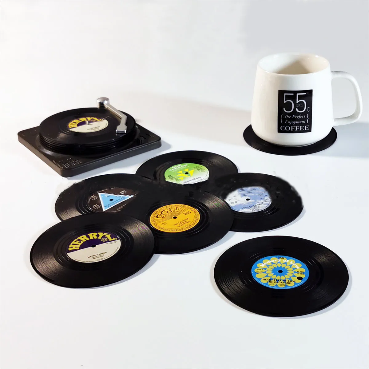 6 Pcs 4.2inch Kitchen Coasters Tableware Retro Black Glue Record Absorbent Vinyl Disk Mat With Player Holder Accessories