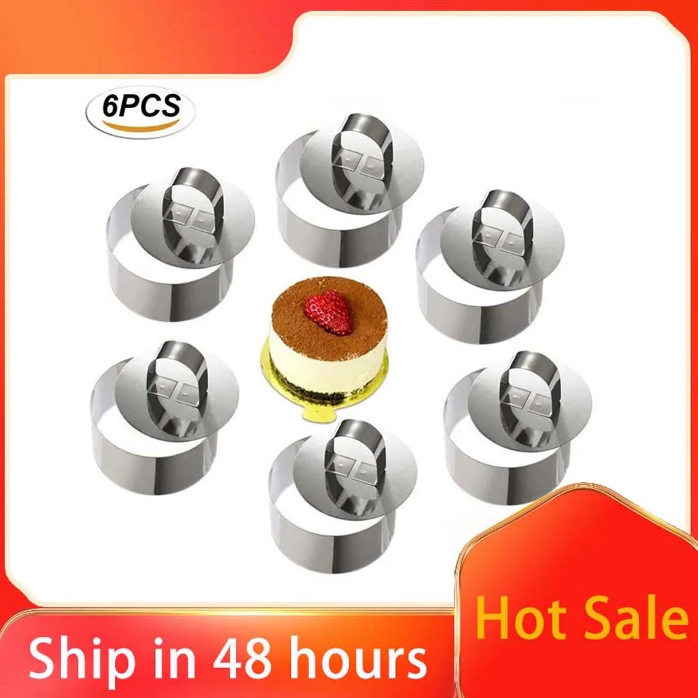 6pcs/pack Cake Molds Stainless Steel Cake Rings Set Round Dessert Mousse Mold with Pusher Pancake Pastry Tool Cookie Cutter