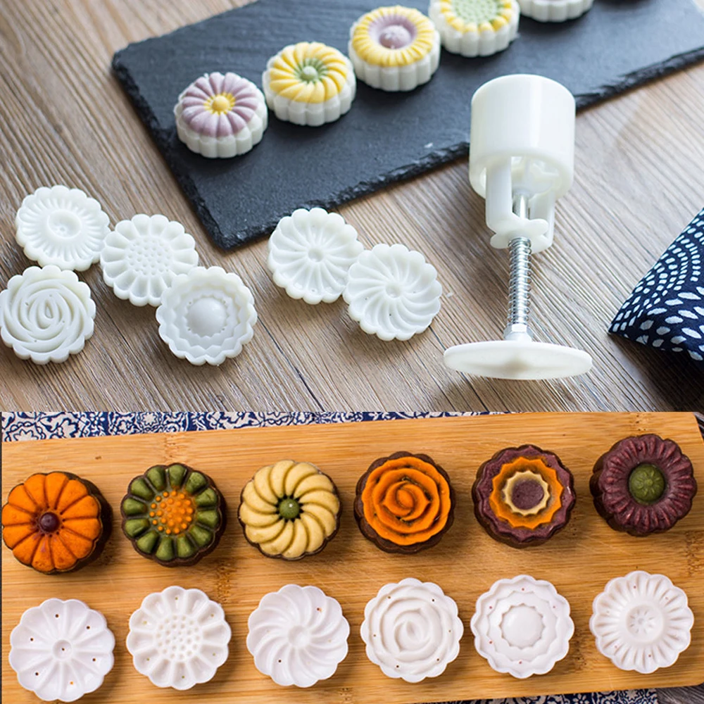 6pcs/set Flower Shaped Mooncake Mold 50g Cake Mold Hand Pressure Fondant Moon Cake Decorating Tools Cookie Cutter Baking Tool