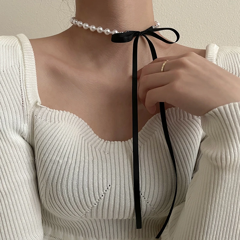 AOMU Korea Sweet Black Velvet Bow Double Necklace Simple Bowknot Plush Pearl Clavicle Chain Collar for Women Lady Jewelry