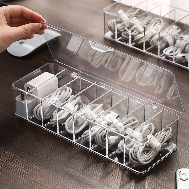 Cable Storage Box Transparent Plastic Data Line Storage Container for Desk Stationery Makeup Organizer, Key and Jewelry Box