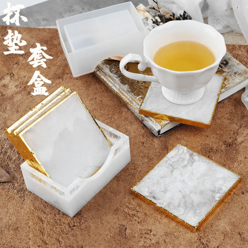 DIY Crystal Epoxy Resin Mold Square Coaster With Coaster Storage Box Silicone Mirror Mold For Resin