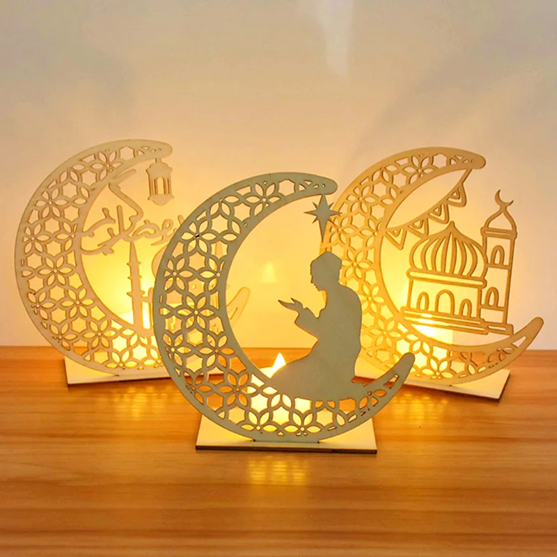 EID Mubarak Wooden Pendant with LED Candles Light Ramadan Decorations For Home Islamic Muslim Party Eid Decor Kareem Ramadan