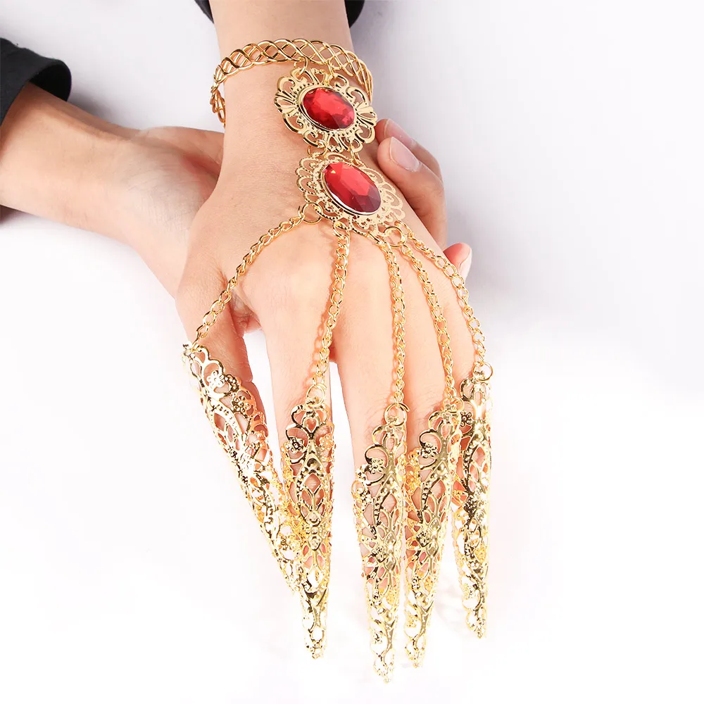 Fashion Indian Thai Golden Finger Bracelet Shining Red Crystal Girl's Belly Dance Bracelet Jewelry