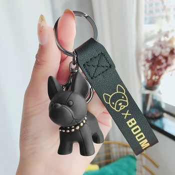 Fashion Punk French Bulldog Keychain PU Leather Dog Keychains for Women Bag Pendant Jewelry Trinket Men's Car Key Ring Key Chain