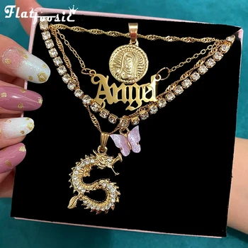 Flatfoosie Multilayer Crystal Dragon Butterfly Pendant Necklace Women Gold Color Coin Portrait Letter Choker Necklace Jewelry