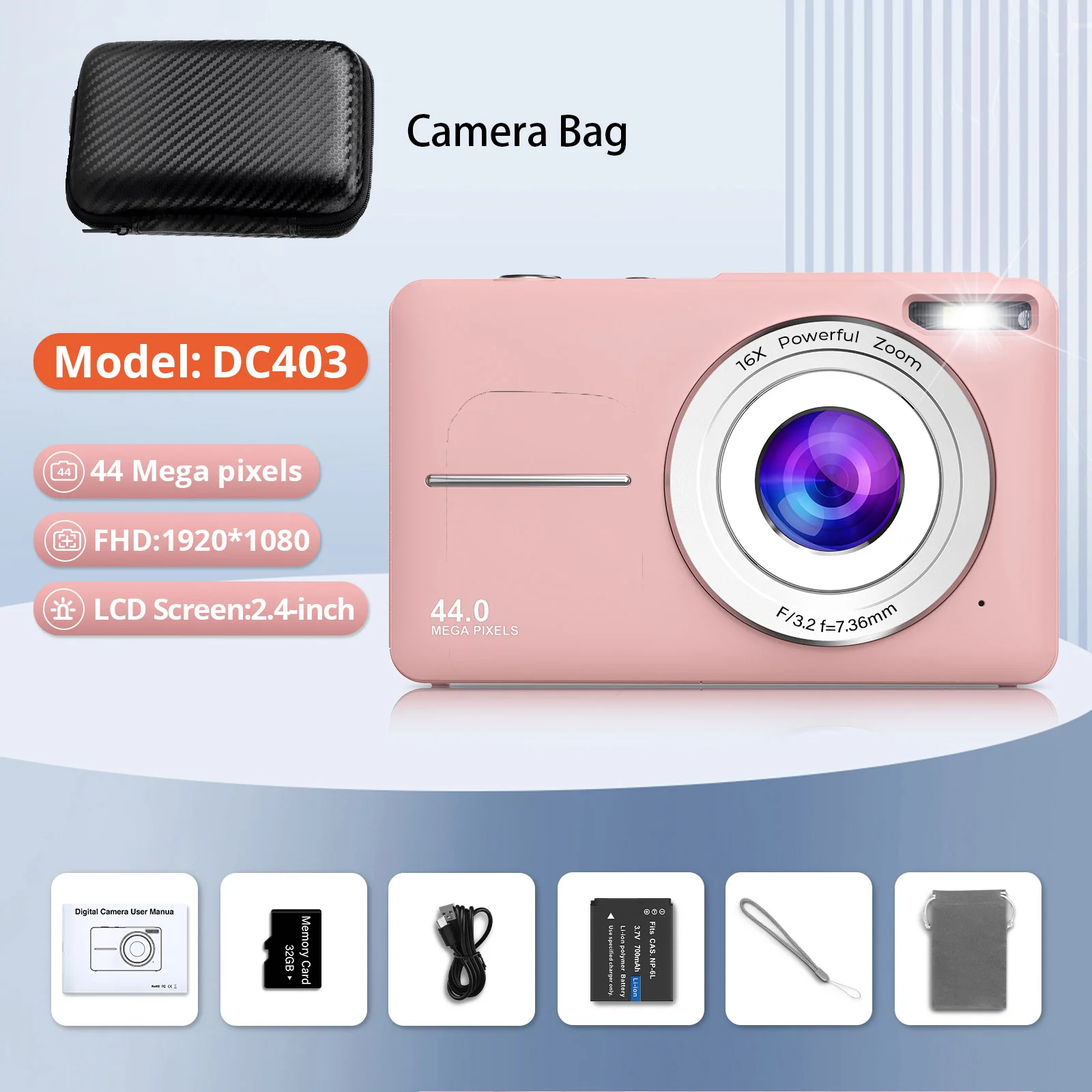 HD 1080P 44MP digital Camera Rechargeable Cameras with 16x Zoom Compact 2.4 inches Camera Cameras for kids Girls camera digit