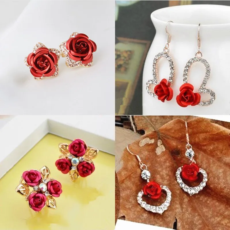 Hot Fashion Charming Trendy Cute Red Rose Wedding Earrings Crystal Rose Flower Earrings Pentagram Stud Earring Party Jewelry