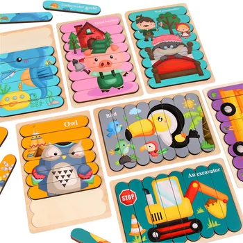 Kids Animal 3D Wooden Puzzle Montessori Toy Double-sided Strip Puzzle Telling Story Stacking Jigsaw Educational Toy For Children