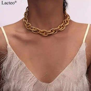 Lacteo Punk Hip Hop Golden Metal Choker Necklace for Women Statement Fashion Necklaces Gothic Cuban Chunky Chain Charm Necklace