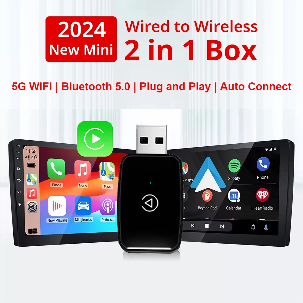 Mini 2 in 1 Ai Box Wired to Wireless CarPlay & Android Auto Adapter 5Ghz WiFi Type-C/USB Plug & Play Non-inductive Connection