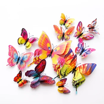 New style 12Pcs Double layer 3D Butterfly Wall Sticker on the wall Home Decor Butterflies for decoration Magnet Fridge stickers