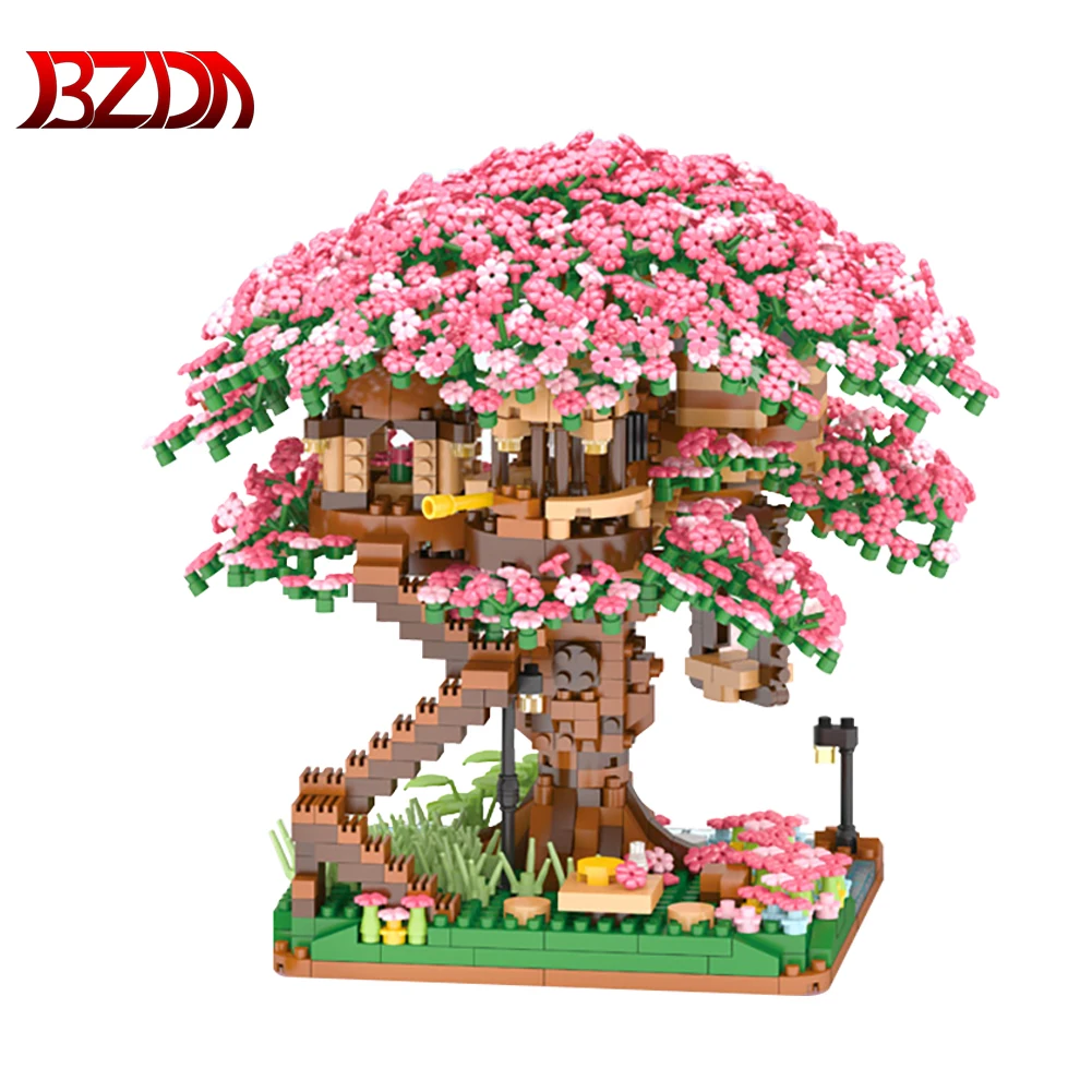 SEMBO Mini Sakura Tree House Blocks Japanese Street View Cherry Blossom Model Building MOC House Tree Bricks Toys Birthday Gifts