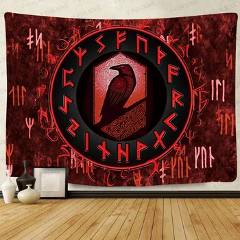 Simsant Viking Raven Tapestry Mysterious Viking Meditation Psychedelic Runes Art Wall Hanging Tapestries for Living Room Decor