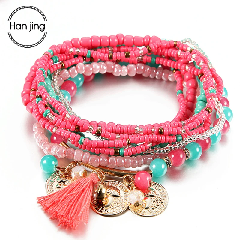 Women Bohemian Jewelry Multilayer Elastic Set Bracelets Bangles With Tassel Gold Coin Glass Beads Charm Wrap Bracelet Femme Gift