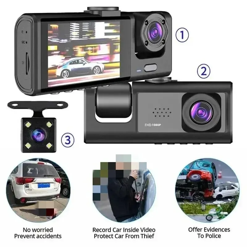 3 Channel Car DVR HD 1080P 3-Lens Inside Vehicle Dash CamThree Way Camera DVRs Recorder Video Registrator Dashcam Camcorder