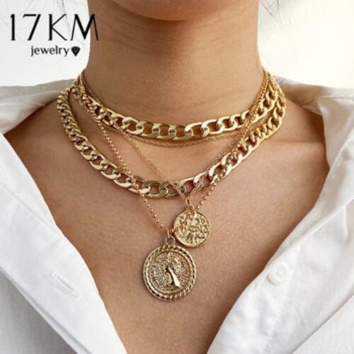 Punk Gold Portrait Coin Pendant Necklace For Women