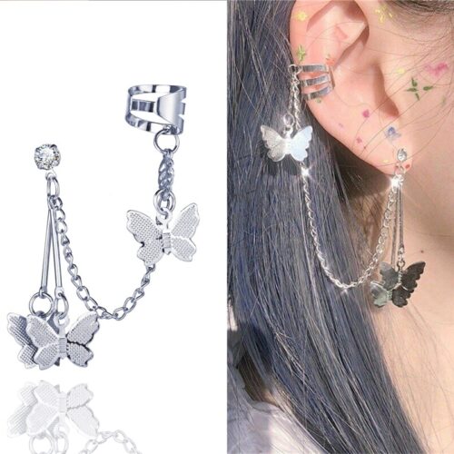 Geometric Butterfly Clip Earring For Teens Women Ear Cuffs Cool Jewelry Retro Chain Long Hanging Earings Metal Gift