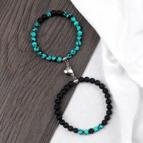 2Pcs/Set Couple Magnet Heart Shape Pendant Bracelets 6MM Malachite Tiger Eye Bangles Love Relationship Pulsera Jewelry Gift New