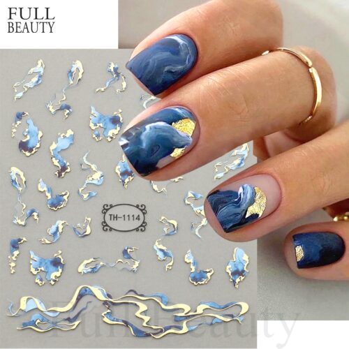 3D Golden Wave Line Nail Sticker Marble Blue