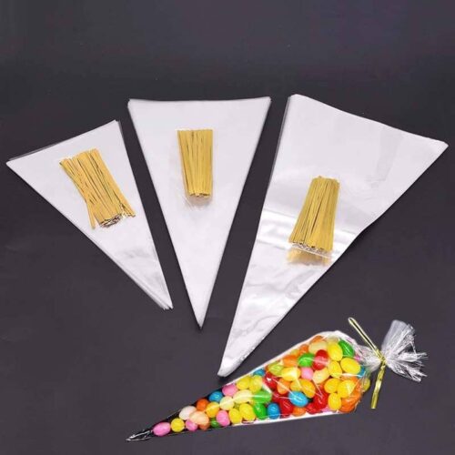 50pcs/lot Clear Cone Candy Storage Bags Cones Plastic Bag Popcorn Candy