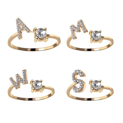 A-Z Letter Gold Color Metal Adjustable Opening Rings For Women