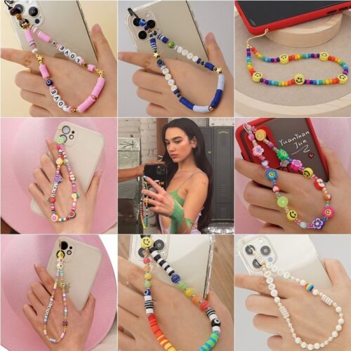 Colorful Smiling Beads Chain Phone Chain Lanyard Beads Mobile Phone Chain Anti-lost Handmade Acrylic Cord Lanyard for Women Gift