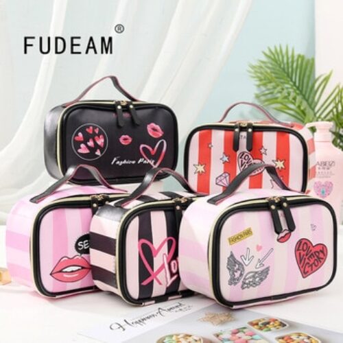 FUDEAM Leather Love Heart Portable Women Cosmetic Bag Multifunction