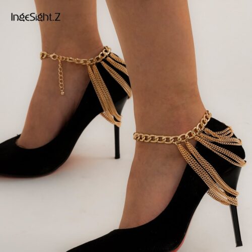 IngeSight.Z Multi Layered Link Chain Tassel Bracelets Anklets for Women Punk Gold Color