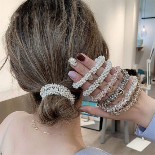 Ladies Pearl Multicolor Beads Hair Tie Elastic Hair Rope Simple Metal Sheets