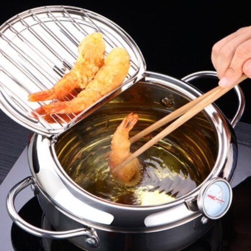 LMETJMA Japanese Deep Frying Pot with a Thermometer and a Lid 304 Stainless Steel