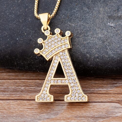 New Luxury Copper Zircon A-Z Crown Alphabet Chain Necklace Punk Hip-Hop Style Fashion Woman