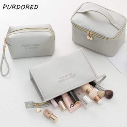 PURDORED 1 Pc Large Women Cosmetic Bag PU Leather Waterproof Zipper Make Up