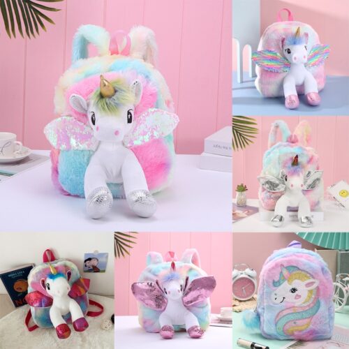 Unicorns Cartoon School Book Bag Backpacks Cute Fashion 3D Fur Backpacks For Girls Travel Backpack Children