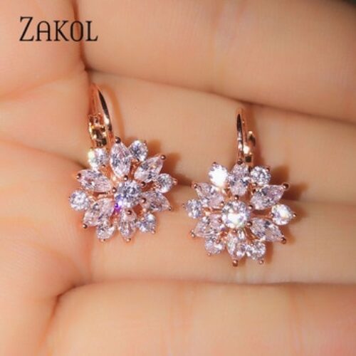 Rose Gold Earrings Flower Crystal Zirconia Jewelry